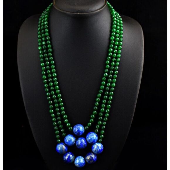 Vintage Natural 3 Strand Onyx / Lapis Lazurel Round Beads Necklace - Picture 1 of 9